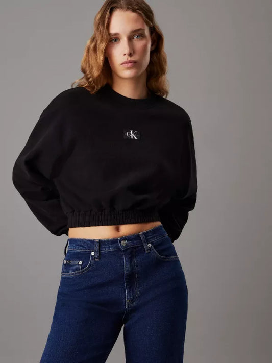 Ck Black Cropped Cotton Terry Sweatshirt