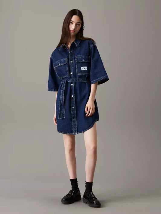 Dark Belted Denim Shirt Dress