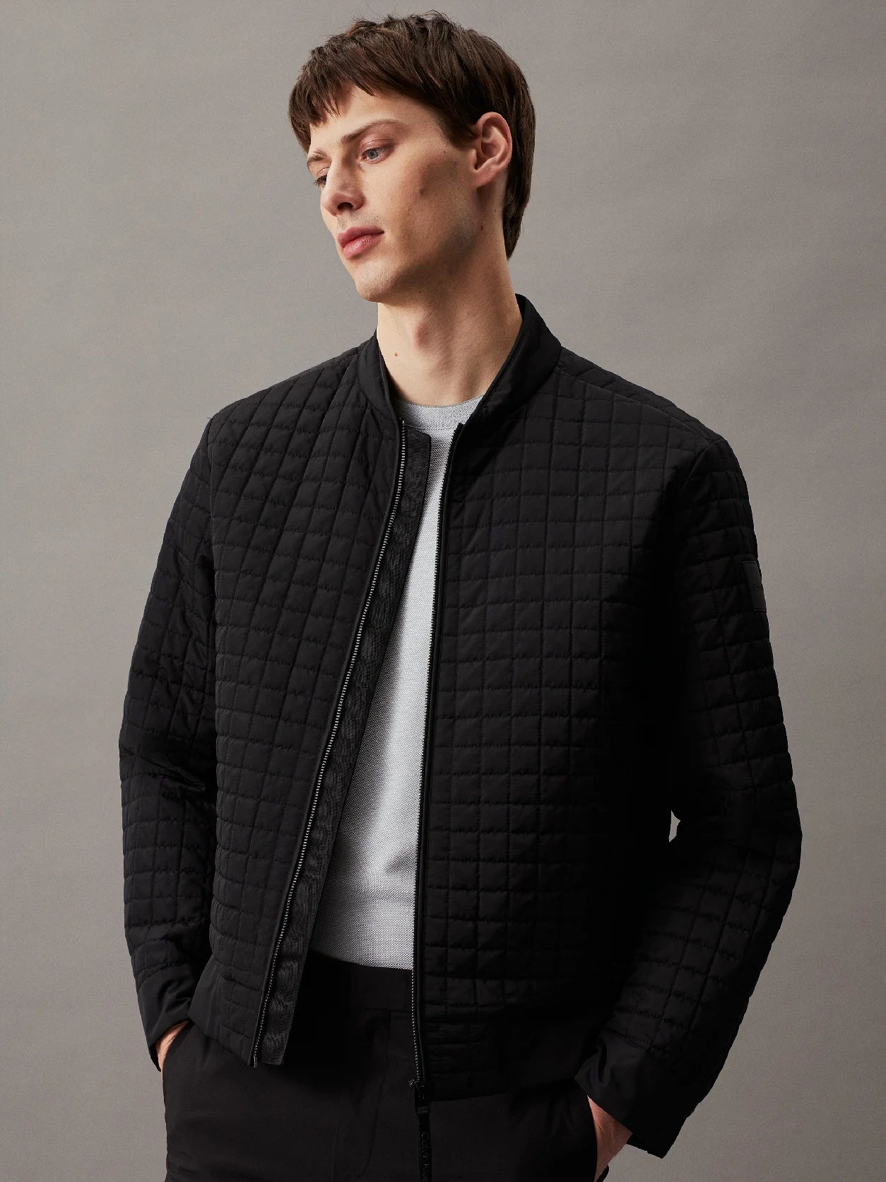 Grid Quilted Bomber Jacket